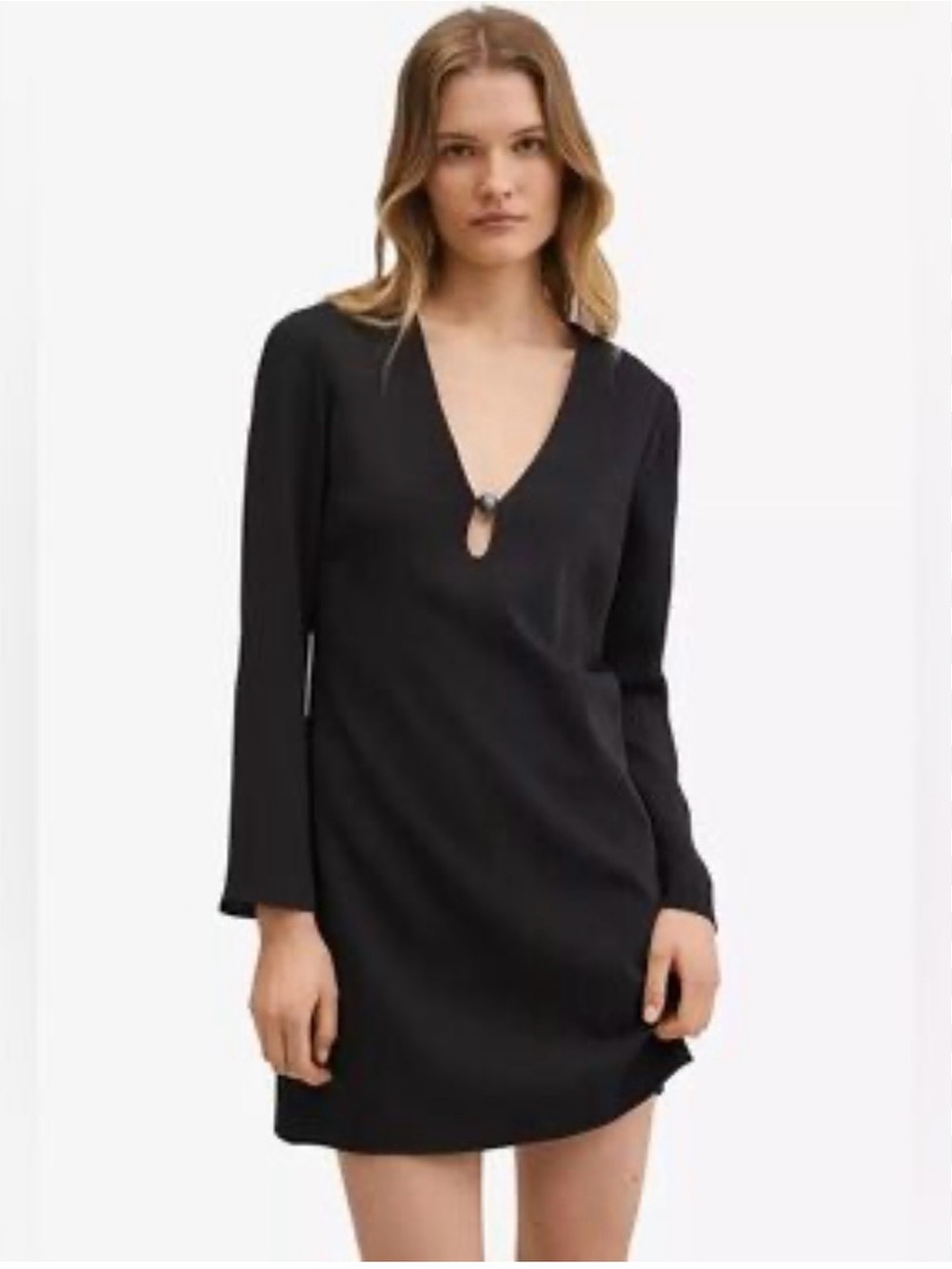 MNG Mango Black Low V-Neck Bead Ball Mini Shift Dress 6  Minimalist LBD